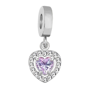 Silver stainless steel heart charm with purple gemstone and pavé crystal setting