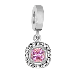 Polished stainless steel heart charm with pink square zircon for DIY necklaces