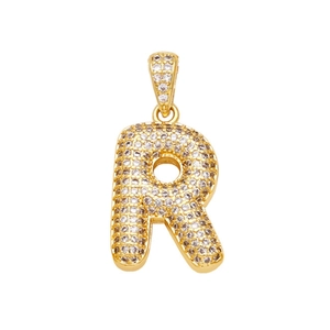 Pendentif lettre R en cuivre doré avec micro-pavage de zircons style hip-hop