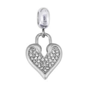 Polished S925 silver heart lock pendant with pavé set white cubic zirconia stones