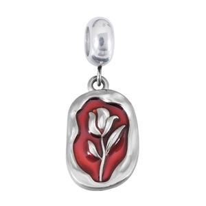 Stainless steel oval charm with red enamel and silver rose relief for DIY necklaces