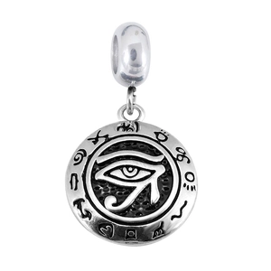 Oxidized silver Eye of Horus charm pendant with ancient Egyptian hieroglyph patterns