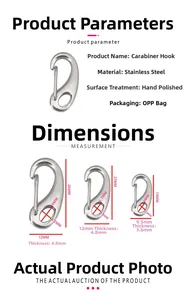 Tre dimensioni di moschettoni in acciaio inossidabile con dimensioni dettagliate