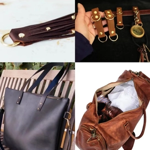 Détail macro d'un anneau en D en acier inoxydable pour accessoires de sacs en cuir