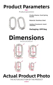Size chart for oval stainless steel spring buckles showing four different dimensions