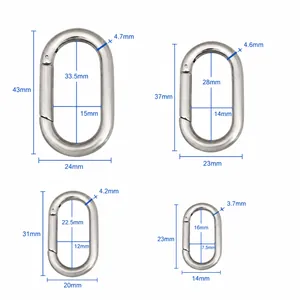 Size chart for stainless steel oval spring carabiners showing four different dimensions
