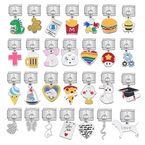 Macro view showing 28 assorted Italian charm links with colorful enamel icons and engravings