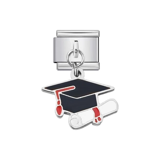 Italian modular bracelet link in stainless steel with graduation cap and scroll charms