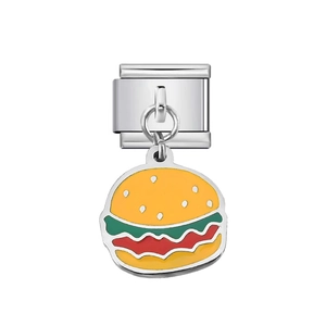 Macro shot of stainless steel Italian charm bracelet featuring a colorful enamel burger charm