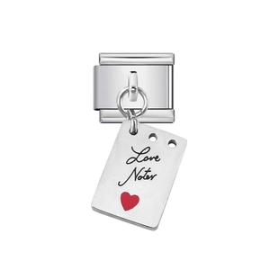 Detailed macro view of a silver Italian charm link featuring Love Notes text and a red heart