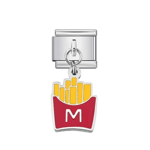 Detailed macro view of an Italian stainless steel charm with a red french fries dangle charm