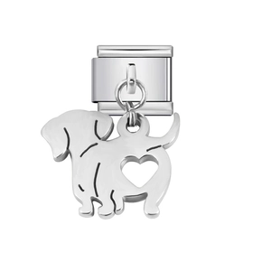 Italian modular stainless steel charm link featuring a silver dachshund puppy pendant with heart
