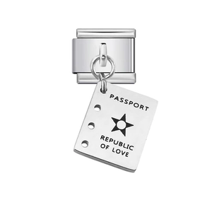 Italian modular charm bracelet in stainless steel featuring a passport-themed hanging pendant