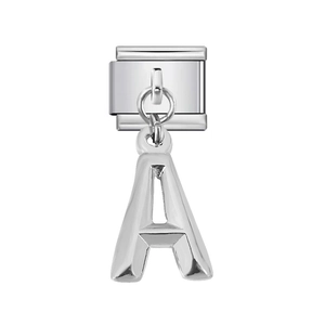 Italian charm bracelet component with silver polished letter A stainless steel module