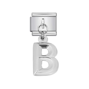 Italian charm bracelet component with a polished stainless steel letter B hanging pendant