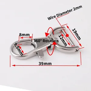316 Stainless steel swivel snap hook for keychains with 360-degree rotation and dimensions