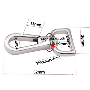 316 Stainless steel swivel lobster clasp with 360-degree rotation and dimensions display