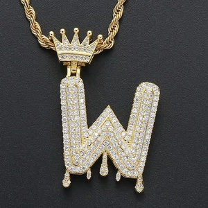 Hip hop style gold letter W pendant with zircon crown and melting drip effect