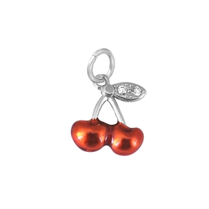 Pendentif cerise en émail rouge avec tige en métal argenté et feuilles en cristal