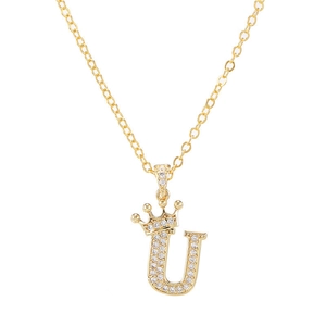 Gouden halsketting met een met zirkoon bezette letter U hanger en een kleine kroon