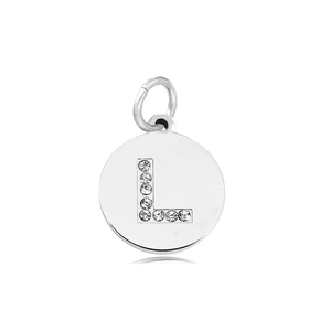 Polished silver pendant with rhinestone letter L design and sparkling crystal inlay
