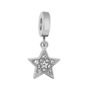 Polished stainless steel star charm bead with sparkling cubic zirconia for DIY jewelry