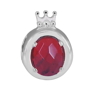 Polished silver crown charm with oval ruby red gemstone for beaded bracelets