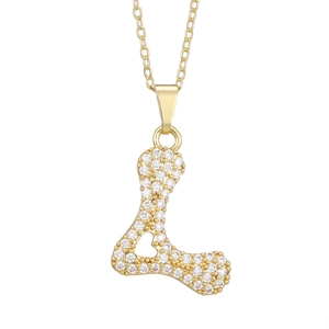 Detailed close-up of golden letter L pendant with pavé cubic zirconia and heart cutout