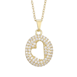 Macro shot of gold-plated letter D pendant necklace with full pavé cubic zirconia