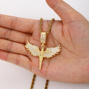 Hip Hop Engelsflügel Anhänger Halskette Kupfer Zirkonia Iced Out Engel Schmuck Retro Gold Silber Strass Halskette