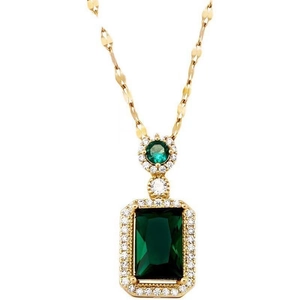 Luxury gold necklace featuring emerald cut green zircon pendant with pavé diamond halo