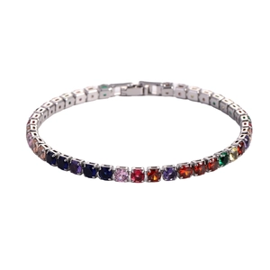 Close-up of rainbow square zircon tennis bracelet with silver-tone four-prong setting