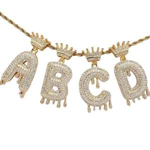 Hip hop style gold plated crown initial pendant necklace with shimmering zircon stones