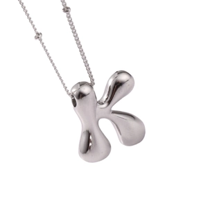 Silver chubby liquid metal letter K pendant necklace with delicate beaded chain link