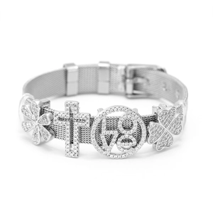 Silver mesh bracelet with zircon charms including a clover, cross, and LOVE engraved ring
