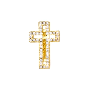 Detail of a gold-plated cross pendant featuring sparkling white cubic zirconia stones