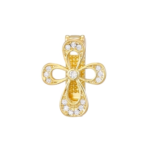 Detail view of a gold clover charm with clear cubic zirconia stones and a back clip
