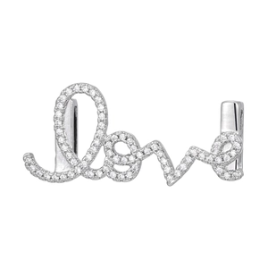 Macro view of silver-plated copper Love slider charm with pavé cubic zirconia