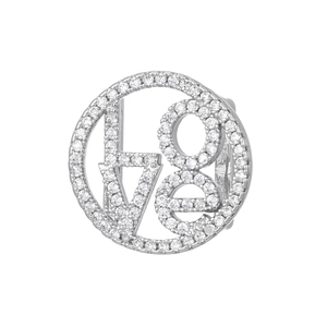 Macro view of a round silver charm with LOVE letters and micro-pave cubic zirconia