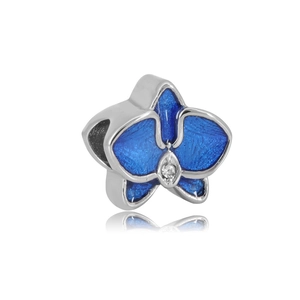 Charm orchidée en acier avec émail bleu et pierre de zircone cubique au centre