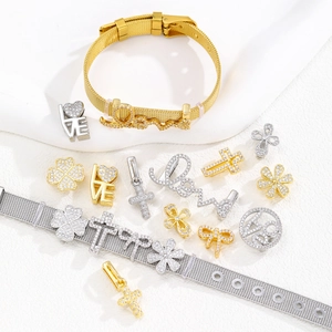 DIY copper bracelet set with zircon charms and metallic mesh band in gold and silver finish