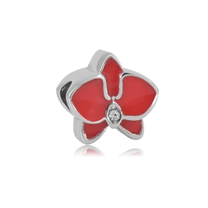 Détail d'une fleur d'orchidée rouge émaillée avec petit cristal pour bracelets DIY
