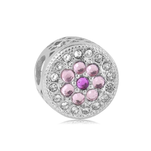 Detail of silver heart charm with pink floral crystal paving and geometric hollow pattern