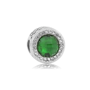 Polished stainless steel charm featuring a green stone center and sparkling crystal halo