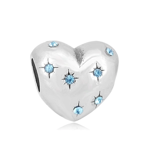 Abalorio de corazón en acero 316L pulido con piedras azules y grabados efecto estrella