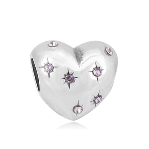 Abalorio de corazón en acero inoxidable plateado con circones rosas y grabados de estrellas