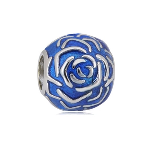 Detail of blue enamel rose charm bead for DIY bracelets with silver floral patterns
