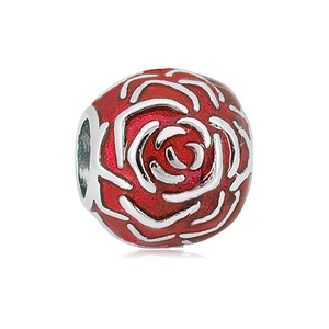 Red enamel rose flower charm bead in stainless steel for DIY bracelets and jewelry