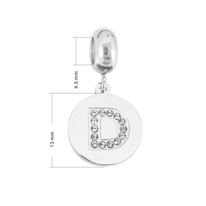 Polished stainless steel letter D charm with sparkling cubic zirconia on round pendant