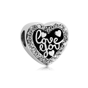 Close-up of heart charm with Love You engraving and black enamel for bead bracelet